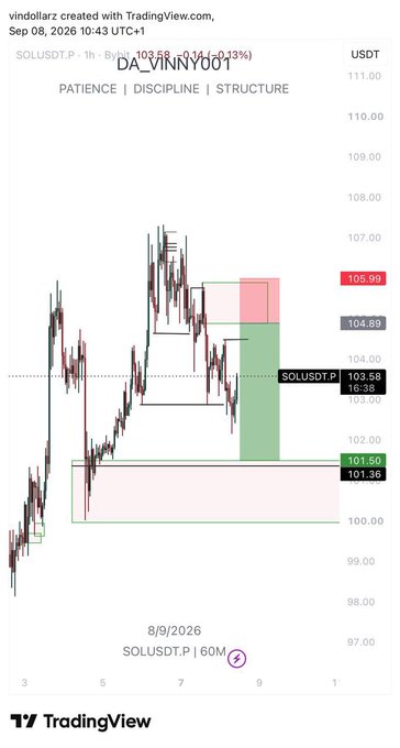 A TradingView chart for SOLUSDT.P showing price action around $103.58 with a "DA_VINNY001" username and "PATIENCE | DISCIPLINE | STRUCTURE" motto displayed.