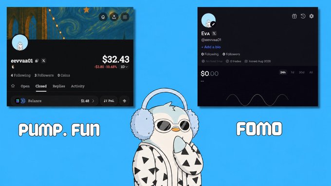 The image compares two crypto trading platforms side by side: "PUMP.FUN" showing a portfolio for user "eevvaa01" with a balance of $32.43 (-$2.80, -10.45%), and "FOMO" displaying a portfolio for "Eva" with $0.00 balance and 24h/7d/30d metrics. A cartoon penguin wearing sunglasses and a patterned hoodie stands between the two platforms on a blue background, visually representing the choice between the two services mentioned in the post.