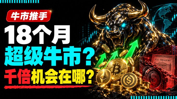 The image is a bold promotional graphic featuring a glowing golden bull symbolizing a bull market, alongside stacks of coins, Bitcoin and Ethereum tokens, green upward arrows, and the U.S. Treasury building—visually reinforcing the post's theme of an "18-Month Supercycle Bull Market" and where the next "1000x opportunity" lies. Chinese text reads "牛市推手" (Bull Market Catalyst), "18个月超级牛市?" (18-Month Super Bull Market?), and "千倍机会在哪?" (Where Is the 1000x Opportunity?).