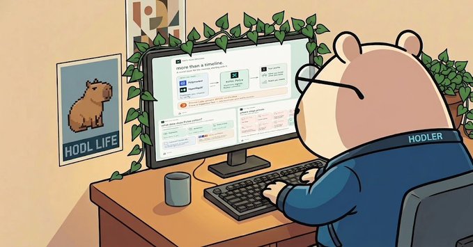 An illustrated scene of a chubby bear wearing glasses and a blue jacket labeled 'HODLER' sitting at a desk working on a computer, with a 'HODL LIFE' framed poster on the wall.