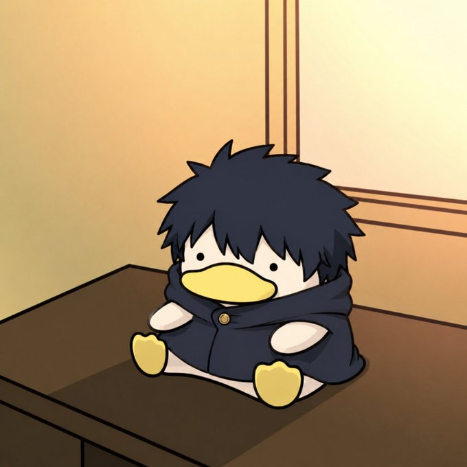 An animated image of a cute, round cartoon character with spiky black hair and a yellow duck bill, wearing a dark blue hoodie while sitting on a brown surface.