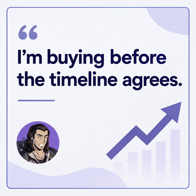 A graphic featuring an illustrated avatar with long dark hair and a quote reading 'I'm buying before the timeline agrees,' alongside a purple upward-trending chart.