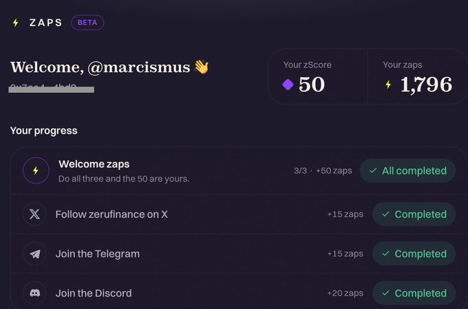 A welcome screen for the ZAPS beta platform greeting user '@marcismus' with a zScore of 50 and 1,796 zaps, showing completed tasks for following on X and joining Telegram and Discord.