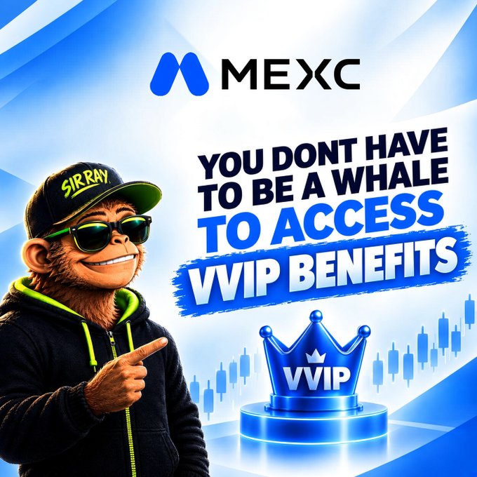 MEXC cryptocurrency exchange promotional graphic featuring a cartoon monkey wearing a 'SIRRAY' cap and sunglasses, with text 'YOU DON'T HAVE TO BE A WHALE TO ACCESS VVIP BENEFITS' next to a blue VVIP crown.