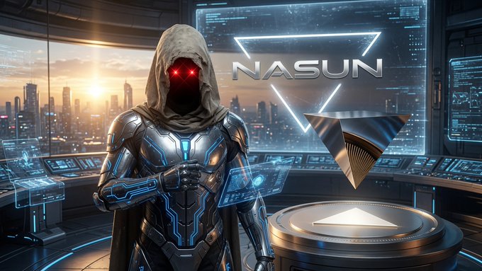 A futuristic hooded figure with glowing red eyes stands before the "NASUN" logo in a high-tech control room overlooking a city skyline.