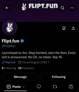 A screenshot of a Twitter/X profile for 'Flipt.fun' (@Fliptfun) describes their platform as 'Launchpad on Arc. Stay bonded, earn the fees. Every exit is announced. No CA, no token. Sep 16.'