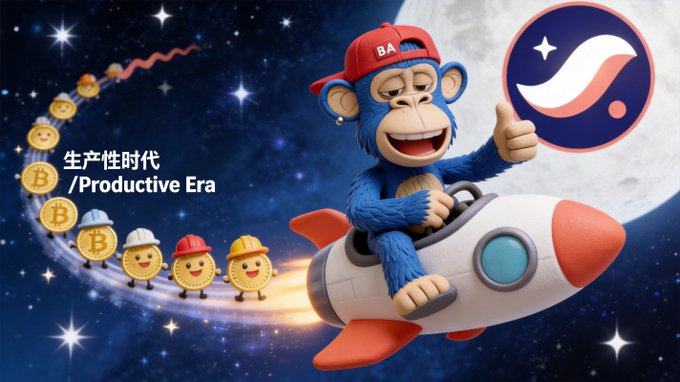 A promotional graphic showing a blue monkey wearing a red cap with 'BA' riding a rocket through space, labeled '生产性时代 /Productive Era' alongside mining-themed emojis and the Stargate Finance logo.