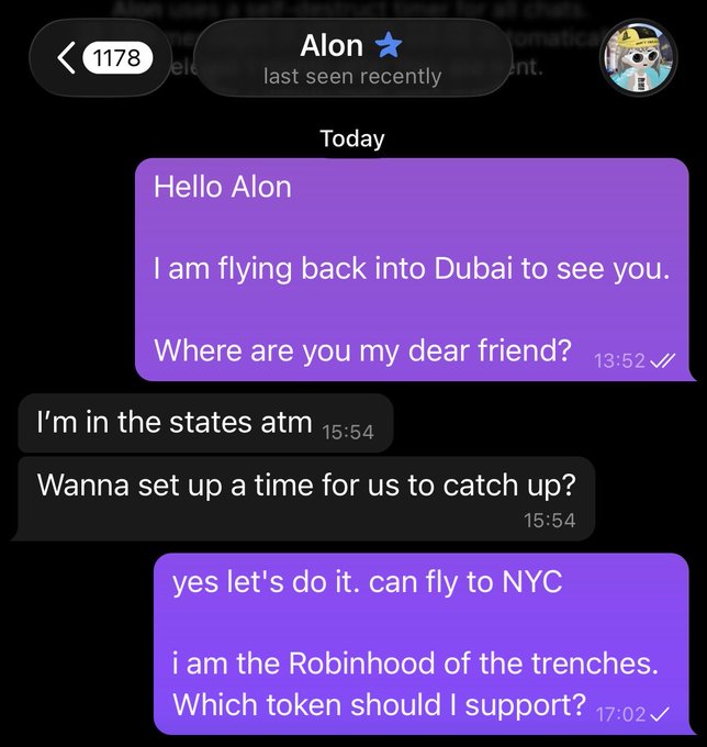 A Telegram chat with a verified user named "Alon" where someone offers to fly from Dubai to NYC to meet, then pivots to plugging themselves as "the Robinhood of the trenches" and asks "which token should I support?"—exemplifying the predatory shilling behavior referenced in the post.