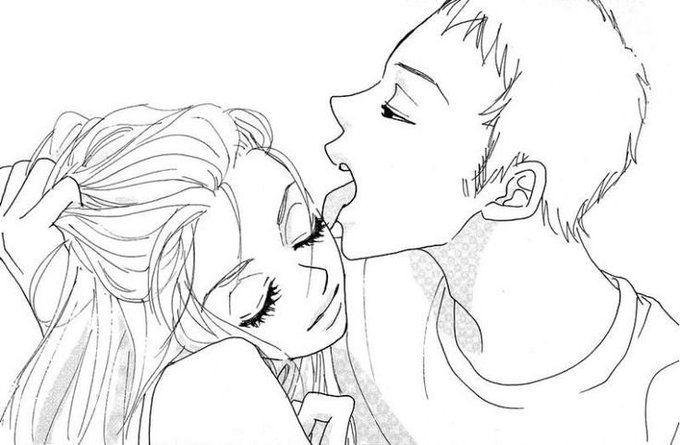 A pencil sketch depicts a romantic moment between two figures, with one person gently kissing the forehead of another who has their head tilted back with closed eyes, conveying an emotional embrace.