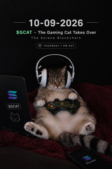 A promotional graphic for '$GCAT - The Gaming Cat Takes Over' on the Solana Blockchain, dated 10-09-2026, featuring a cat wearing headphones with a game controller.