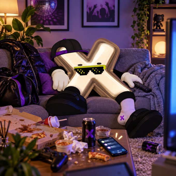 A stylized 3D render of a character with a metallic 'X' shaped head wearing sunglasses, a cap, and white gloves, lounging on a purple couch in a neon-lit room with pizza and energy drinks scattered around.