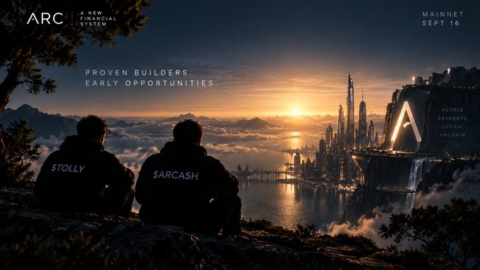 A cinematic promotional image for ARC ("A NEW FINANCIAL SYSTEM") with "MAINNET SEPT 16" displayed in the top corners, showing two silhouetted figures labeled "$TOLLY" and "$ARCASH" on their jackets gazing out over a futuristic, cloud-pierced skyline featuring an illuminated ARC logo monument and the tagline "PEOPLE PAYMENTS CAPITAL ONCHAIN," with the text "PROVEN BUILDERS. EARLY OPPORTUNITIES." reinforcing the post's theme of pre-liquidity positioning on these two tokens.