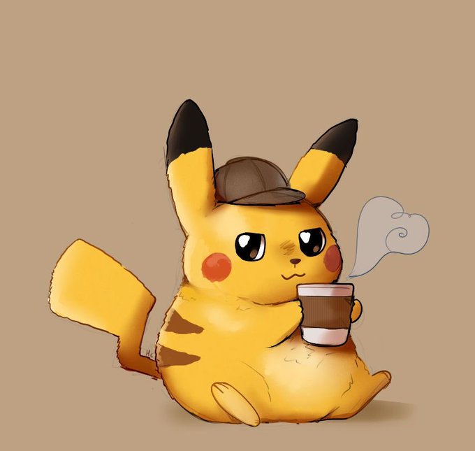 A charming illustration of Detective Pikachu from Pokémon, depicted as a yellow pikachu with brown stripes wearing a small deerstalker detective hat and holding a coffee cup with steam forming a heart shape.