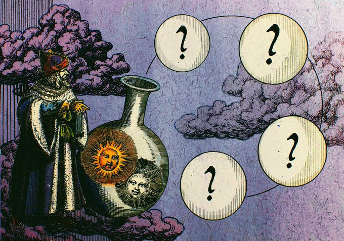 A vintage-style illustration showing an alchemist or scholar standing beside a vase decorated with a sun and moon face, with floating question marks emerging from purple clouds.