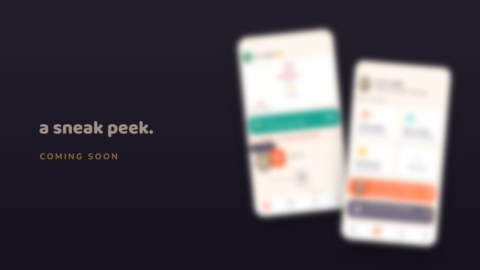 A dark promotional slide featuring blurred mockup images of a mobile app interface alongside the text 'a sneak peek. COMING SOON'.