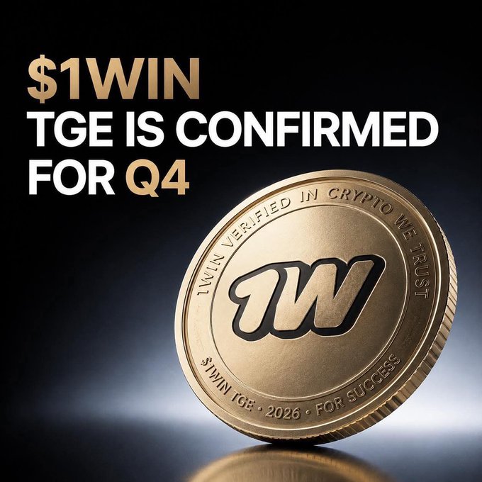 A promotional graphic reads '$1WIN TGE IS CONFIRMED FOR Q4' above a gold coin featuring a '1W' logo with text reading '1WIN VERIFIED IN CRYPTO WE TRUST' and '$1WIN TGE · 2026 · FOR SUCCESS'.