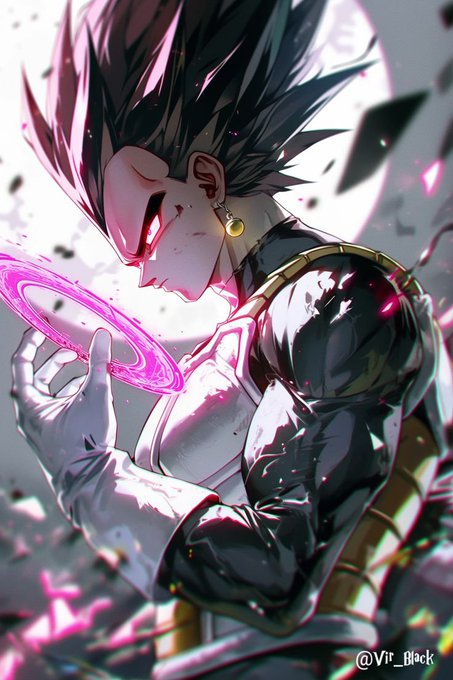 An anime-style illustration of a character with spiky black hair holding a glowing pink energy ring, signed '@Vir_Black'.