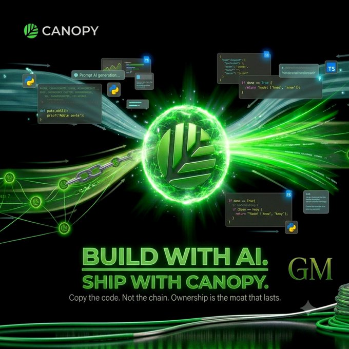 A promotional graphic for Canopy featuring the tagline 'BUILD WITH AI. SHIP WITH CANOPY.' along with the message 'Copy the code. Not the chain. Ownership is the moat that lasts,' surrounded by floating code snippets and a glowing green globe.