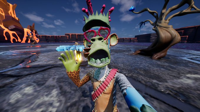 A screenshot from a 3D video game showing a green zombie-like ape character with heart-shaped sunglasses and a crown, holding a blue crystal in a desolate landscape.
