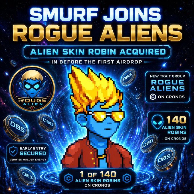 The image features a poster for a video game called "SMURF Joins Rogue Aliens" with an illustration of a character wearing sunglasses, possibly an alien skinned individual. The poster also includes information about the game's title, its release date, and the number of NFTs available for purchase. The text on the poster mentions that only 140 Alien Skin Robins are available at this time, which is likely related to the game's concept or gameplay mechanics.