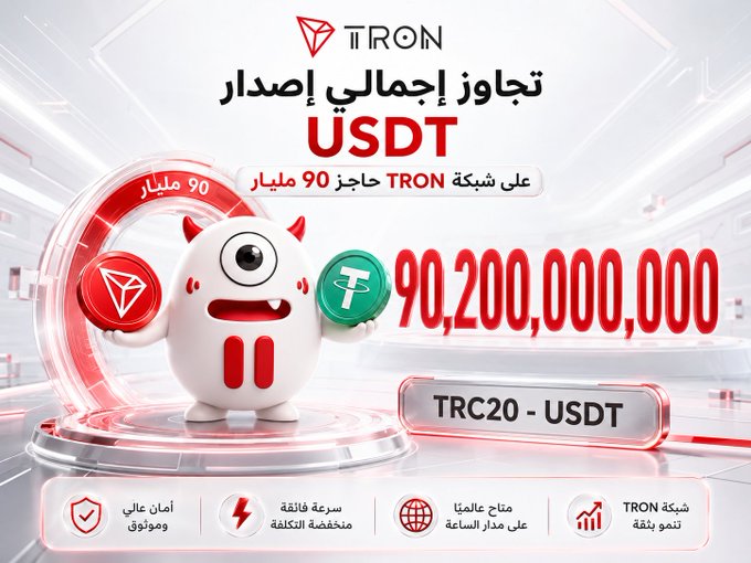 The image is a promotional graphic featuring the TRON logo and a cartoon mascot, celebrating TRON's milestone of exceeding 90 billion USDT (TRC20) issued on its network, with prominent Arabic text and the number "90,200,000,000" displayed. It visually reinforces the post's message about TRON's dominance in stablecoin infrastructure, highlighting key features like high security, fast transactions, global coverage, and network growth.