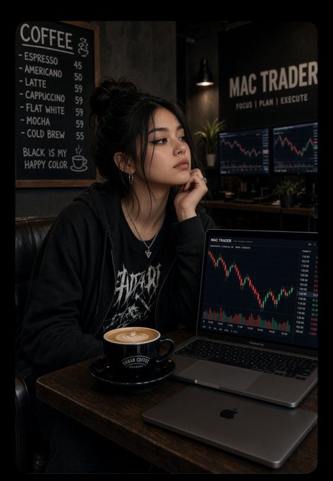 A stylized image of a young woman working on a laptop displaying stock trading charts in a coffee shop setting, with a coffee menu board on the left and a 'MAC TRADER' sign on the wall.