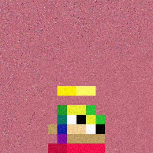Pixel art image on a textured purple/pink background depicting a small blocky figure with a yellow hat, green and white face, brown body, and red bottom, resembling a stylized Pepe-like character.