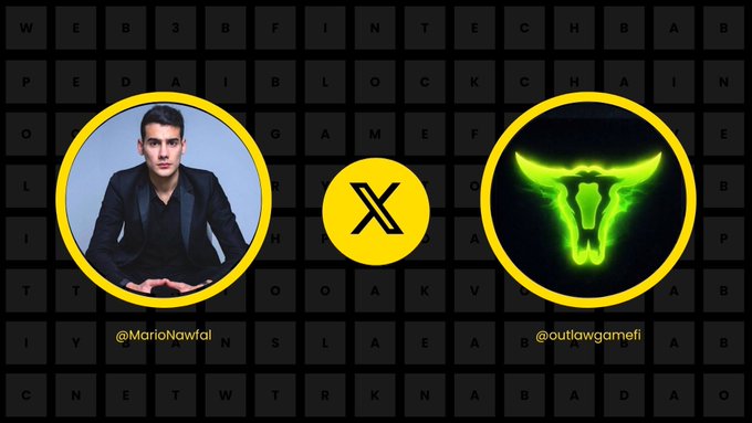 The image is a promotional graphic featuring Mario Nawfal (@MarioNawfal) on the left and a glowing green bull logo for @outlawgamefi on the right, connected by a yellow X (Twitter) icon against a dark background with a crypto-themed text pattern. It visually represents the post's endorsement of Outlaw Game Fi as a user-friendly crypto rewards platform that contrasts with the complexity of traditional crypto systems.