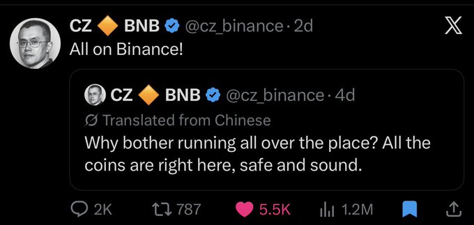 A screenshot of a tweet from CZ Binance (@cz_binance) with 5.5K likes and 1.2M views, showing his "All on Binance!" post alongside a translated Chinese reply stating "Why bother running all over the place? All the coins are right here, safe and sound." The post reinforces the caption's message by promoting Binance as the one-stop platform for all cryptocurrency needs.