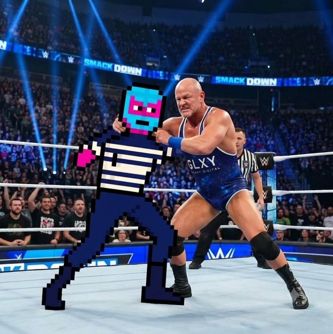 A pixel art figure in a striped shirt wrestles a bald wrestler wearing a blue singlet that reads "GLXY" with "FULLY DIGITAL" underneath in a WWE Smackdown ring.