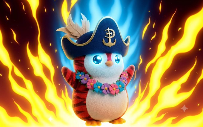 A cartoon penguin mascot wearing a pirate hat with a Bitcoin anchor symbol, a colorful flower lei, and a red scarf, standing in front of bright flames and a blue light.
