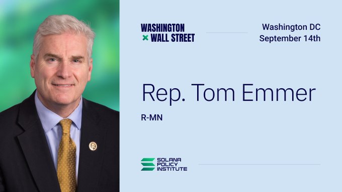 A promotional graphic for a "Washington x Wall Street" event in Washington DC on September 14th featuring "Rep. Tom Emmer, R-MN," hosted by the Solana Policy Institute.