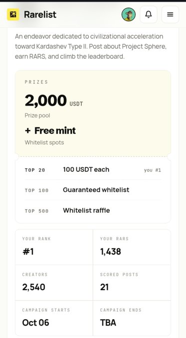 A screenshot of the 'Rarelist' platform showing campaign statistics, including a 2,000 USDT prize pool, with the user ranked #1 and 1,438 RARS points.