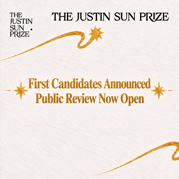 The image is a promotional graphic for "The Justin Sun Prize" featuring gold star motifs and a shooting star design, announcing that "First Candidates Announced" and "Public Review Now Open." It visually supports the post by highlighting the announcement of the initial prize candidates entering a 14-day public review period starting September 19.