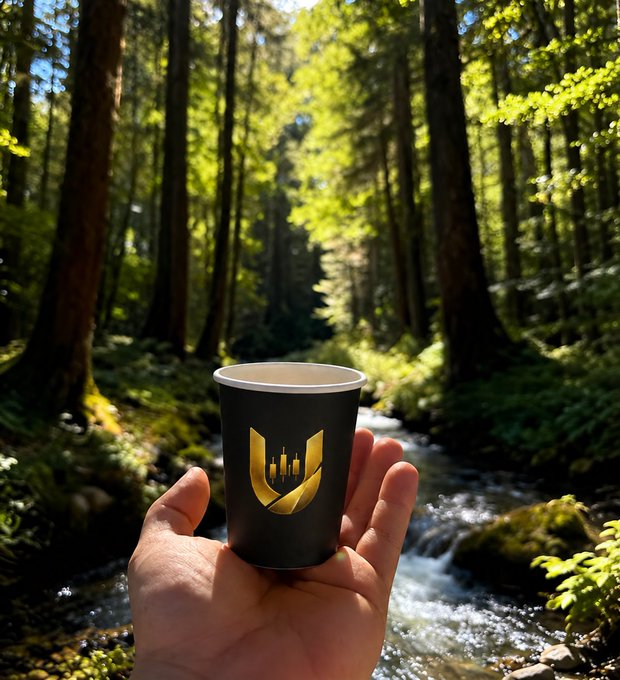 A hand holds a black paper cup with a gold logo in a sunlit forest, with a small waterfall and green trees visible in the background.