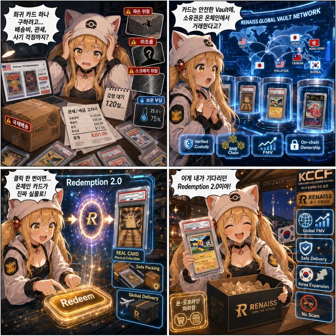 We need to write a concise 1-2 sentence caption describing what is in the image, including key text, numbers, tickers, names. Also note how image relates to the accompanying post. So we need to capture that the image is a four-panel comic-style illustration about a Pokémon card redemption service called "Renaiss" and "Redemption 2.0". Include text like "Redemption 2.0", "R", "Safe Delivery", "Global Delivery", "No Scam", "KCCF", "RENAISS GLOBAL VAULT NETWORK", "Verified Custody", "BNB Chain", "FMV", "On-chain Ownership", numbers like "120일", "25.6°C", "75%", "$201.00", "120일", "233K+", "$15M". Also mention the anime girl with cat ears. The post mentions beta launch