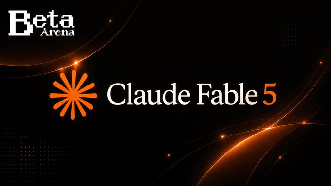 A promotional graphic from Beta Arena featuring the "Claude Fable 5" logo on a dark background with orange light effects, announcing the successful integration of the new model into their core infrastructure following a live trading cycle that posted modest gains across SOL, HYPE, ETH, TON, XRP, and TRX.