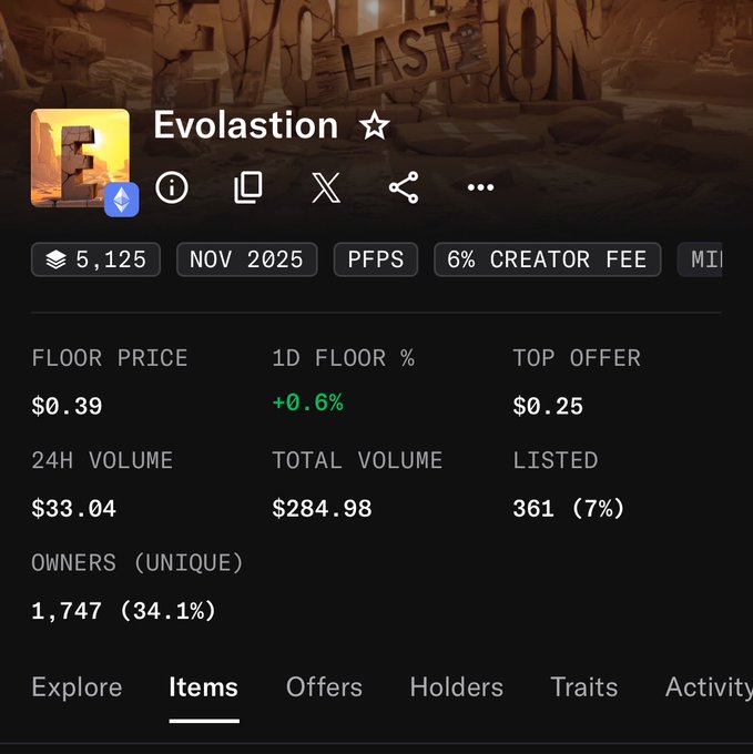 A detailed view of the 'Evolastion' NFT collection showing statistics including a floor price of $0.39, 24H volume of $33.04, total volume of $284.98, and 1,747 unique owners.