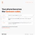 A Meta Pay landing page with the headline "Your phone becomes the hardware wallet." and bullet points describing features like fast checkout, no app approval, and low fees.