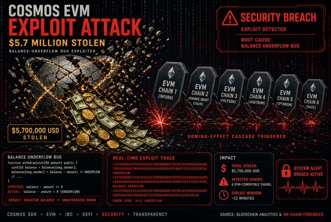 A cybersecurity infographic titled 'COSMOS EVM EXPLOIT ATTACK' showing a $5.7 million balance-underflow bug exploit, affecting 6 EVM-compatible chains including Injective, BNB Smart Chain, Polygon, Arbitrum, Optimism, and Base.