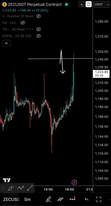 A 5-minute ZECUSDT perpetual contract chart shows the asset surging 19.35% to 1,223.85, with an arrow marking the recent sharp breakout above the 1,230 resistance level—visually confirming the trader's claim of "TARGET HIT. FULLY OUT."