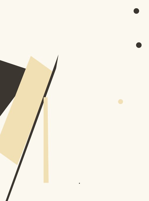 Minimalist abstract artwork featuring overlapping black and beige geometric shapes and lines with small dots on a cream background.
