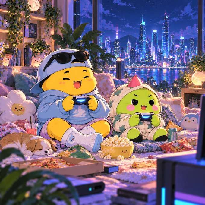 A cute animated illustration of two dinosaur characters (one yellow wearing sunglasses and a shark hoodie, one green) playing video games together in a cozy living room with a city skyline view at night.
