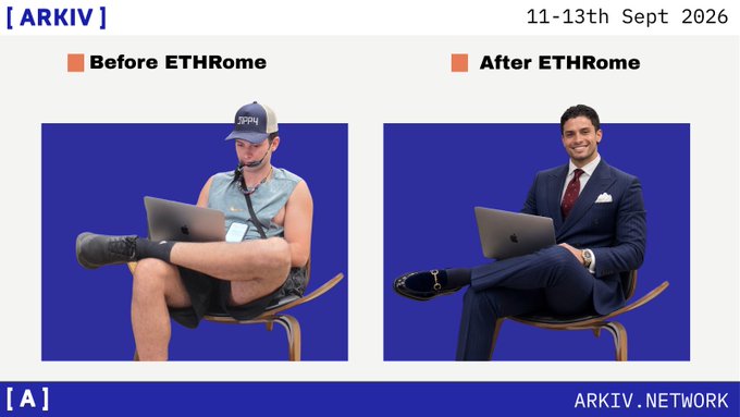 A promotional graphic for ARKIV showing '11-13th Sept 2026' and a 'Before ETHRome' vs 'After ETHRome' comparison, where a casually-dressed man with a laptop transforms into a suited professional, branded 'ARKIV.NETWORK'.