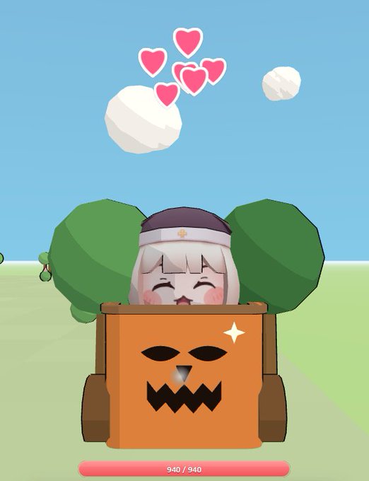 A cheerful chibi-style anime character with white hair and a nurse cap emerges from a jack-o'-lantern Halloween cart, with hearts floating above her head and a full health bar of "940 / 940" displayed below. The cute, lively scene contrasts humorously with the post's cautious and uncertain tone about sideways market speculation.