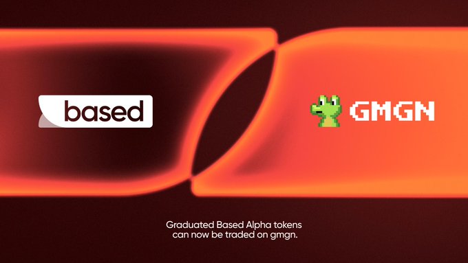 A promotional graphic with an orange fluid wave background showing 'based' and 'GMGN' logos, with the text 'Graduated Based Alpha tokens can now be traded on gmgn.'