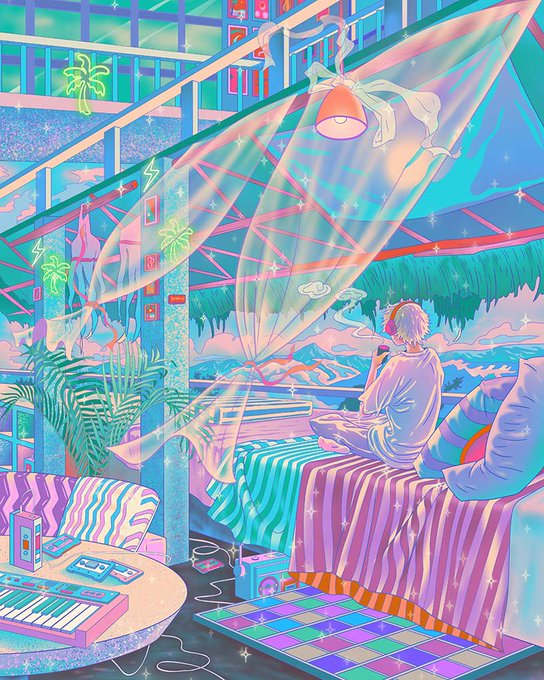 A vibrant, dreamlike digital illustration of a person with headphones sitting on a bed in a colorful room with a keyboard, plants, and a view of mountains and ocean through a window.