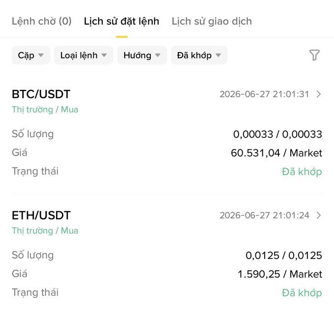 A screenshot of a Binance order history showing two filled market buy orders: 0.00033 BTC at $60,531.04 and 0.0125 ETH at $1,590.25, both dated June 27, 2026, confirming the user's day 19 of their DCA (dollar-cost averaging) streak toward 1,000 consecutive days.