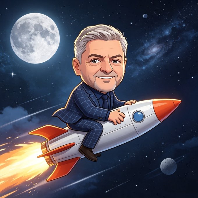 A cartoon-style caricature of a smiling, grey-haired man in a blue plaid suit riding a classic white and red rocket through a starry night sky with a large moon.