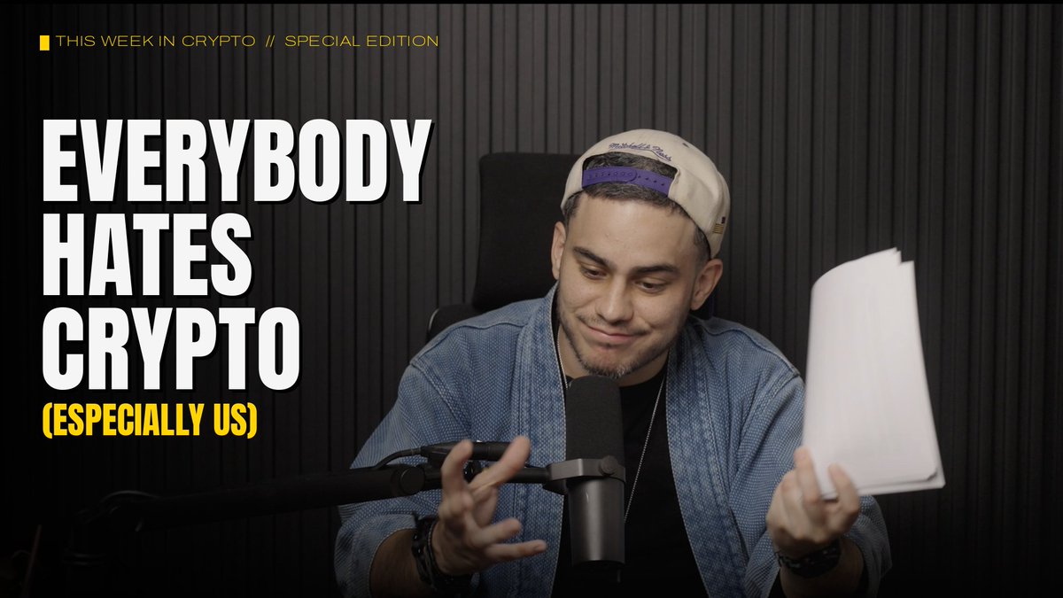 A man wearing a backwards Mitchell & Ness cap and denim shirt sits in front of a microphone holding papers, smiling with a slightly exasperated expression. Bold text on the left reads "EVERYBODY HATES CRYPTO (ESPECIALLY US)" with a header noting "THIS WEEK IN CRYPTO // SPECIAL EDITION," matching the post about the show's return.